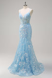 Sparkly Blue Mermaid Spaghetti Straps Sequin Corset Long Formal Dress with Embroidery
