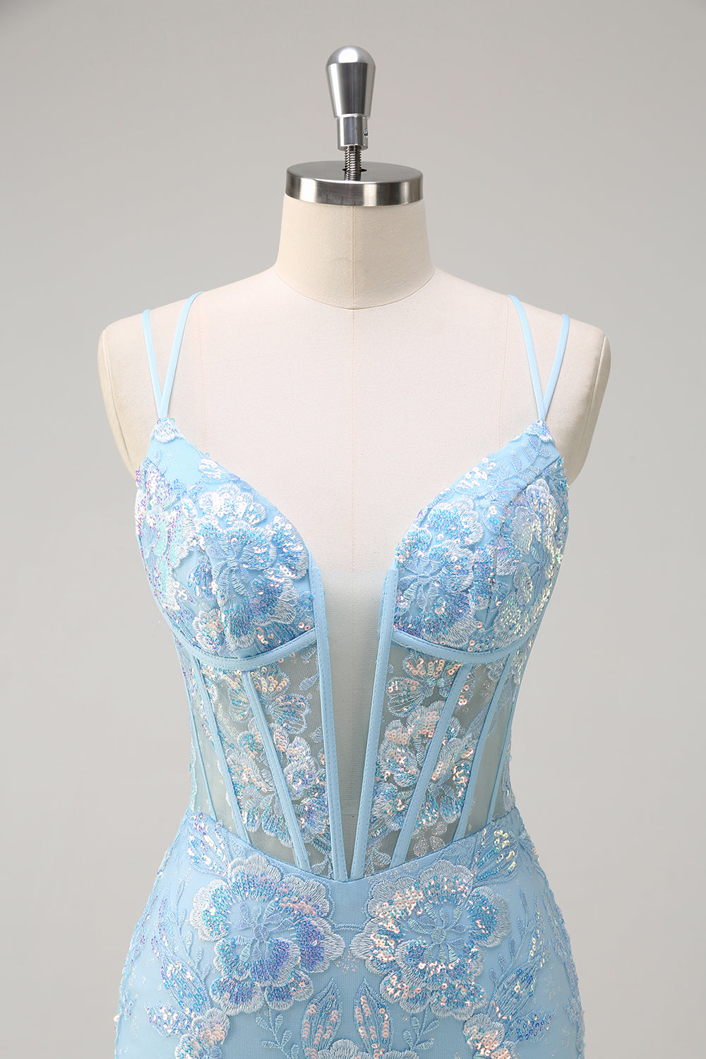 Sparkly Blue Mermaid Spaghetti Straps Sequin Corset Long Formal Dress with Embroidery