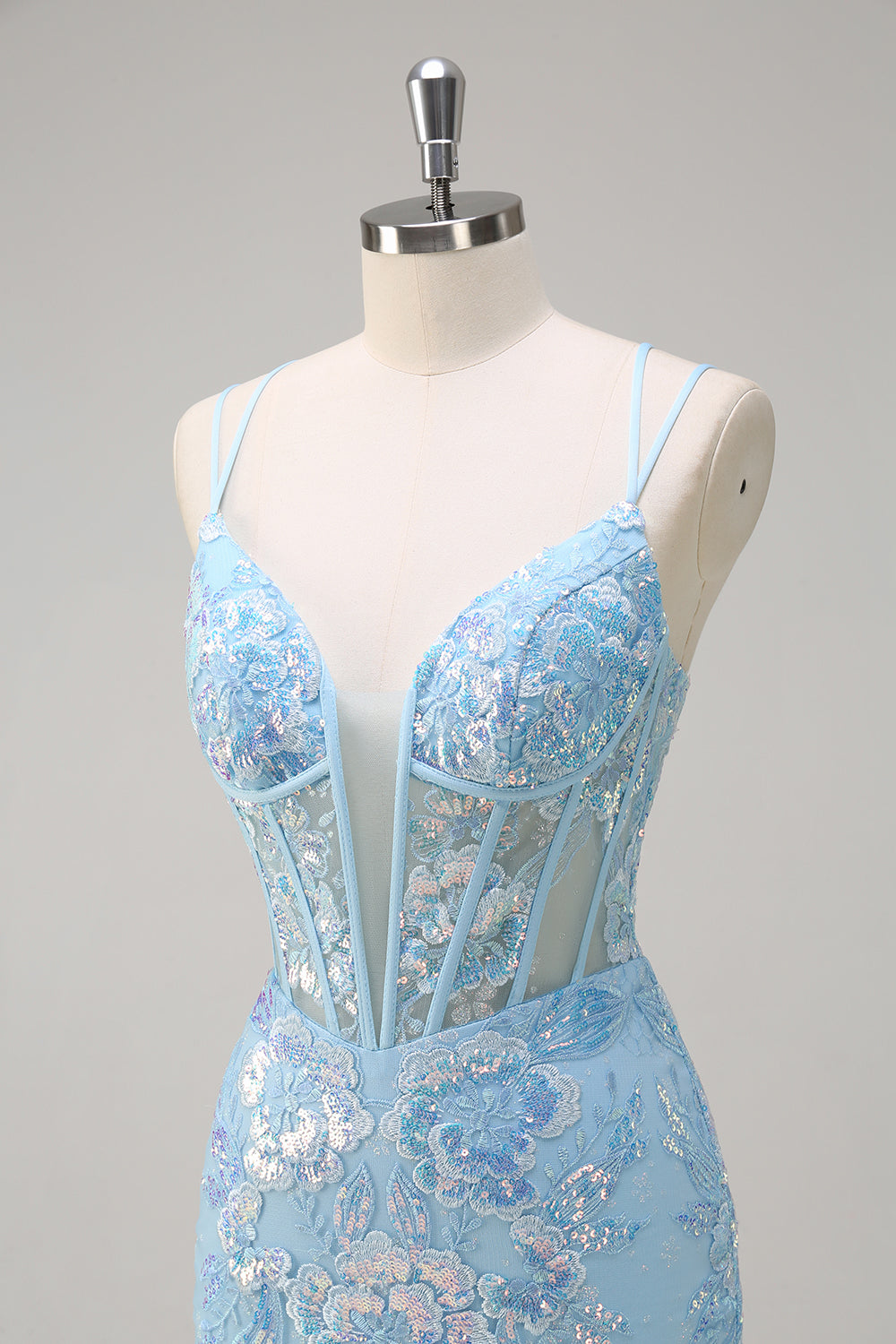 Sparkly Blue Mermaid Spaghetti Straps Sequin Corset Long Formal Dress with Embroidery
