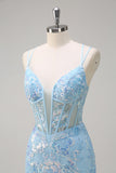 Sparkly Blue Mermaid Spaghetti Straps Sequin Corset Long Formal Dress with Embroidery
