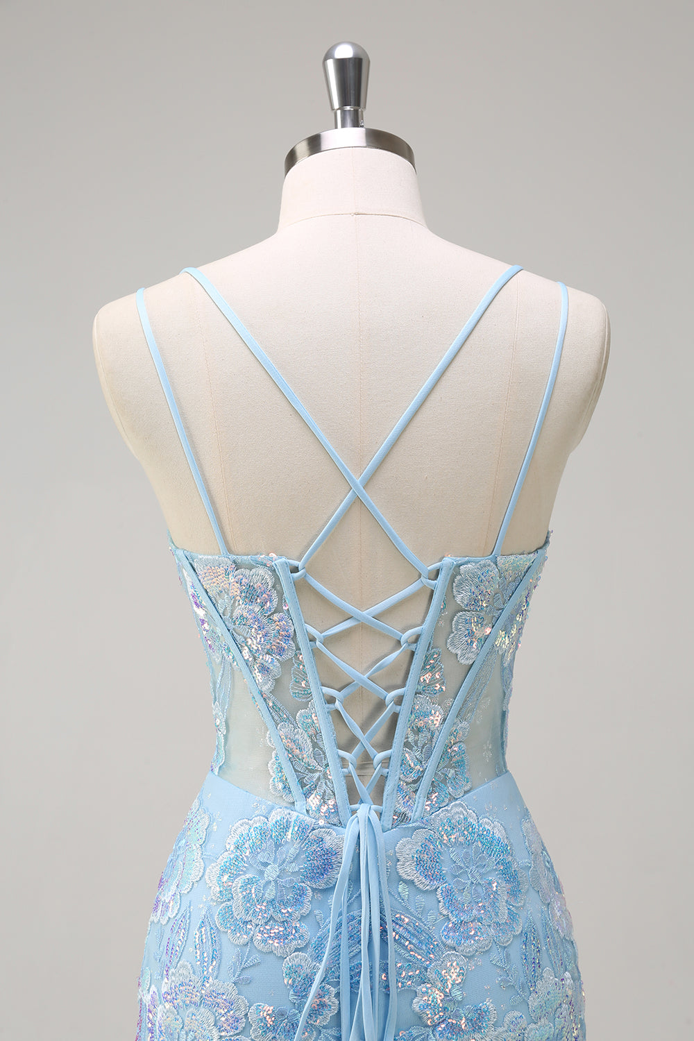Sparkly Blue Mermaid Spaghetti Straps Sequin Corset Long Formal Dress with Embroidery