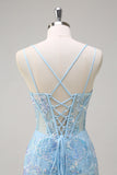Sparkly Blue Mermaid Spaghetti Straps Sequin Corset Long Formal Dress with Embroidery