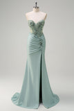 Sparkly Grey Green Mermaid Strapless Sequin Corset Ruche Long Formal Dress with Slit