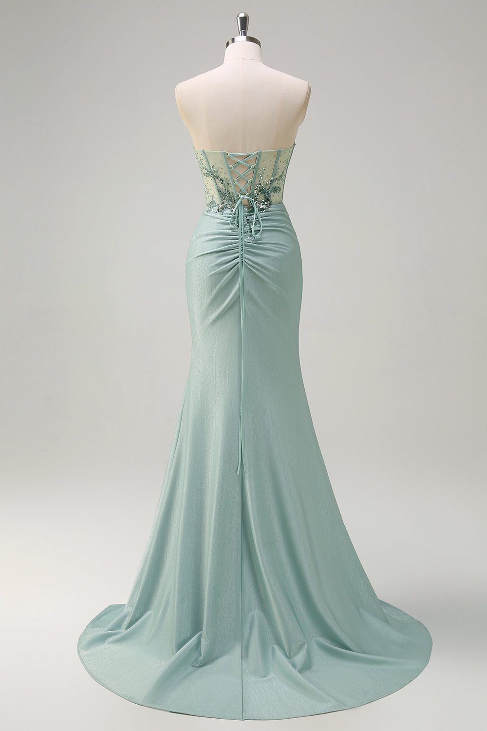 Sparkly Grey Green Mermaid Strapless Sequin Corset Ruche Long Formal Dress with Slit