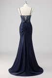 Sparkly Navy Mermaid Strapless Sequin Corset Ruche Long Formal Dress with Slit