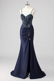 Sparkly Navy Mermaid Strapless Sequin Corset Ruche Long Formal Dress with Slit