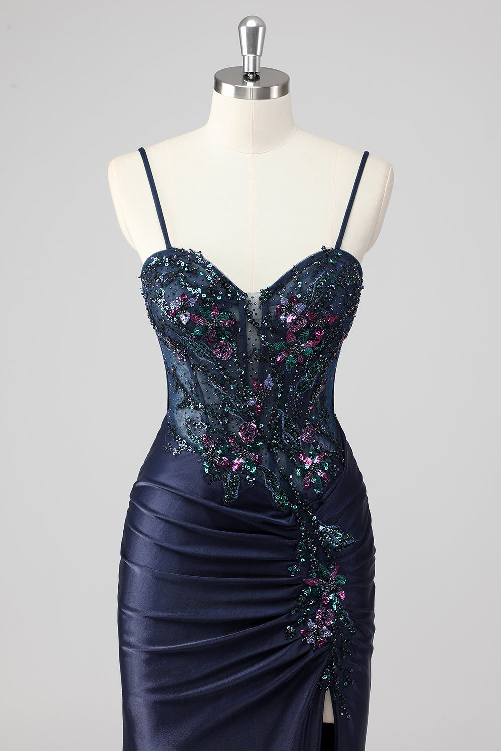 Sparkly Navy Mermaid Strapless Sequin Corset Ruche Long Formal Dress with Slit