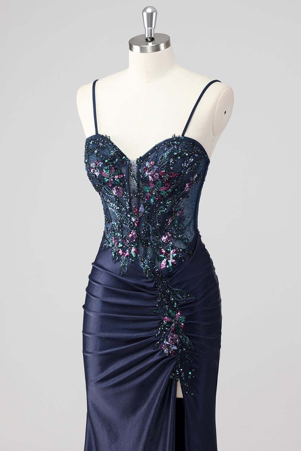 Sparkly Navy Mermaid Strapless Sequin Corset Ruche Long Formal Dress with Slit