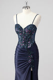 Sparkly Navy Mermaid Strapless Sequin Corset Ruche Long Formal Dress with Slit