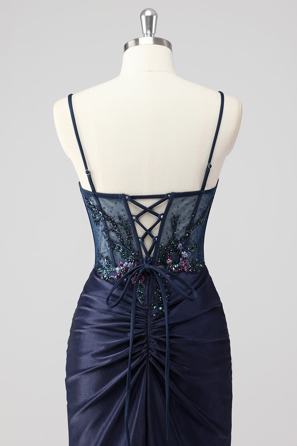Sparkly Navy Mermaid Strapless Sequin Corset Ruche Long Formal Dress with Slit