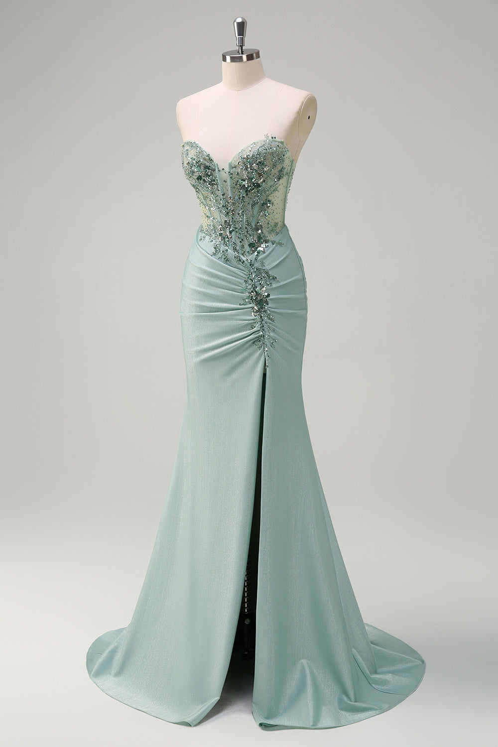 Sparkly Grey Green Mermaid Strapless Sequin Corset Ruche Long Formal Dress with Slit