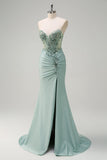 Sparkly Grey Green Mermaid Strapless Sequin Corset Ruche Long Formal Dress with Slit
