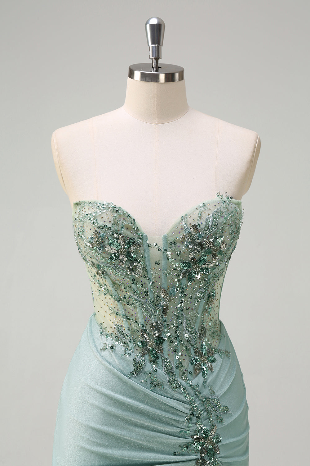 Sparkly Grey Green Mermaid Strapless Sequin Corset Ruche Long Formal Dress with Slit