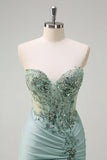 Sparkly Grey Green Mermaid Strapless Sequin Corset Ruche Long Formal Dress with Slit