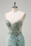 Sparkly Grey Green Mermaid Strapless Sequin Corset Ruche Long Formal Dress with Slit