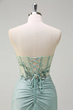 Sparkly Grey Green Mermaid Strapless Sequin Corset Ruche Long Formal Dress with Slit