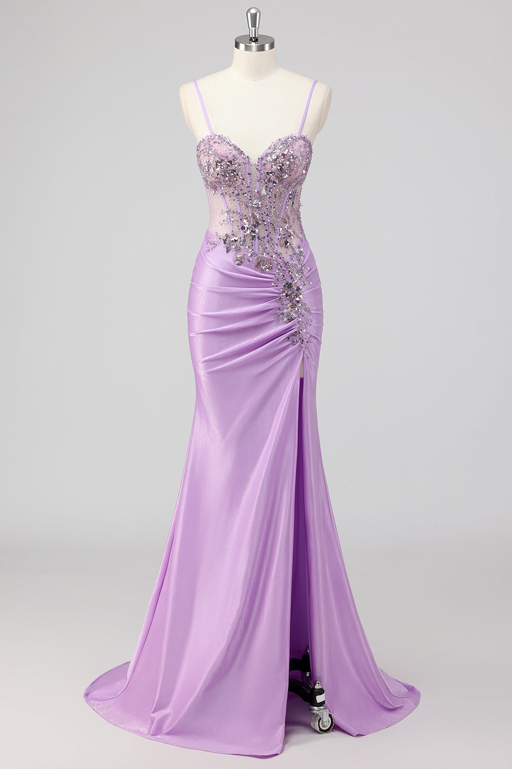 Sparkly Purple Mermaid Strapless Sequin Corset Ruche Long Formal Dress with Slit