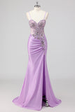 Sparkly Purple Mermaid Strapless Sequin Corset Ruche Long Formal Dress with Slit