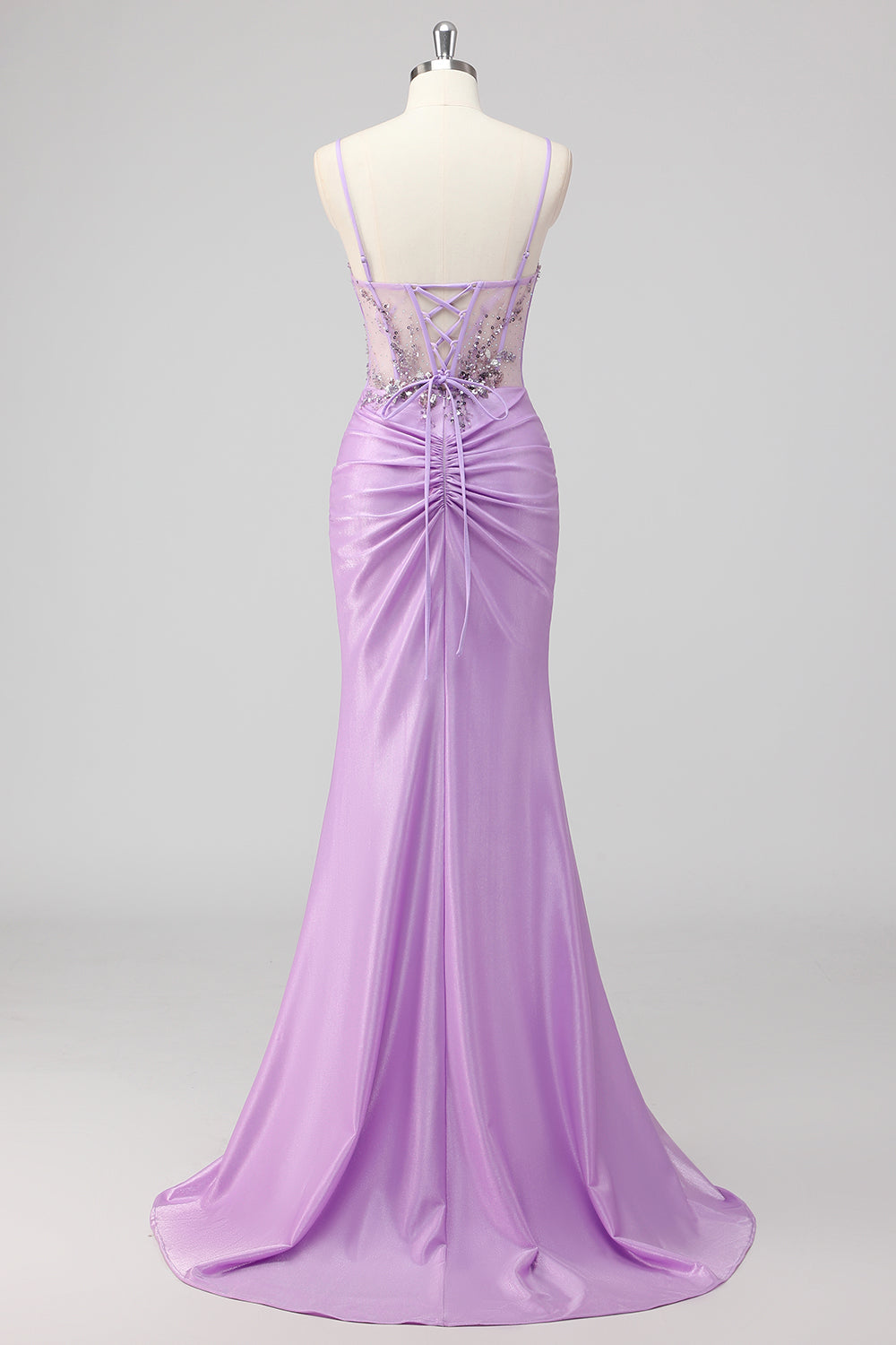 Sparkly Purple Mermaid Strapless Sequin Corset Ruche Long Formal Dress with Slit