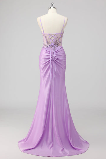 Sparkly Purple Mermaid Strapless Sequin Corset Ruche Long Formal Dress with Slit