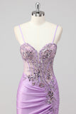Sparkly Purple Mermaid Strapless Sequin Corset Ruche Long Formal Dress with Slit