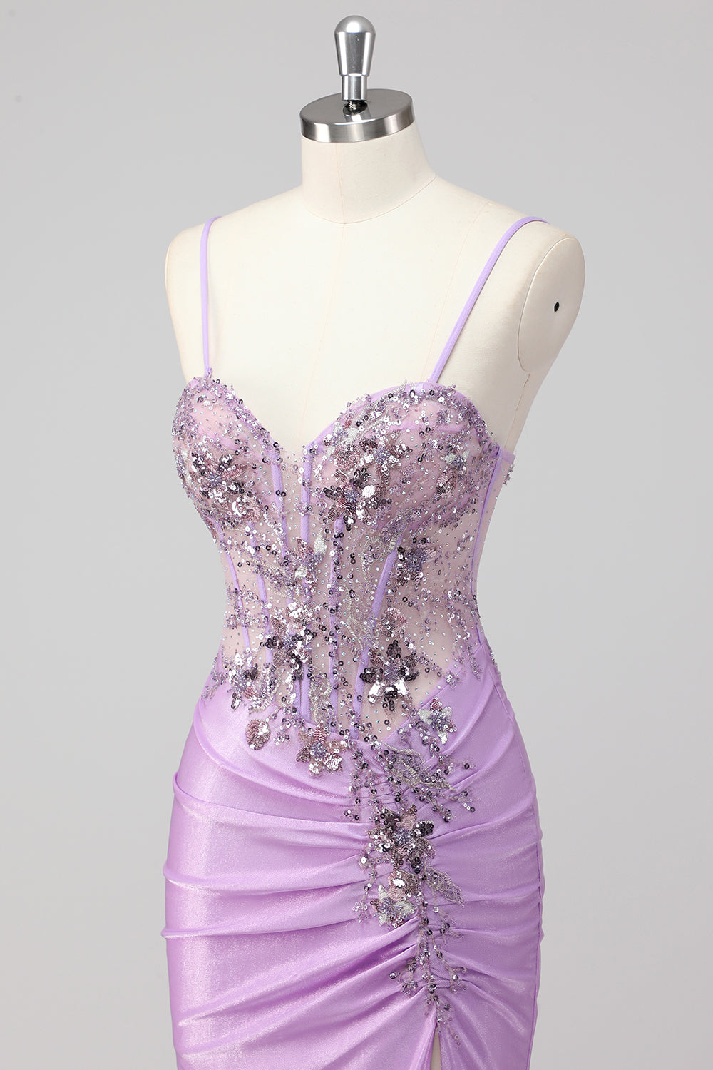 Sparkly Purple Mermaid Strapless Sequin Corset Ruche Long Formal Dress with Slit