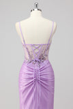 Sparkly Purple Mermaid Strapless Sequin Corset Ruche Long Formal Dress with Slit
