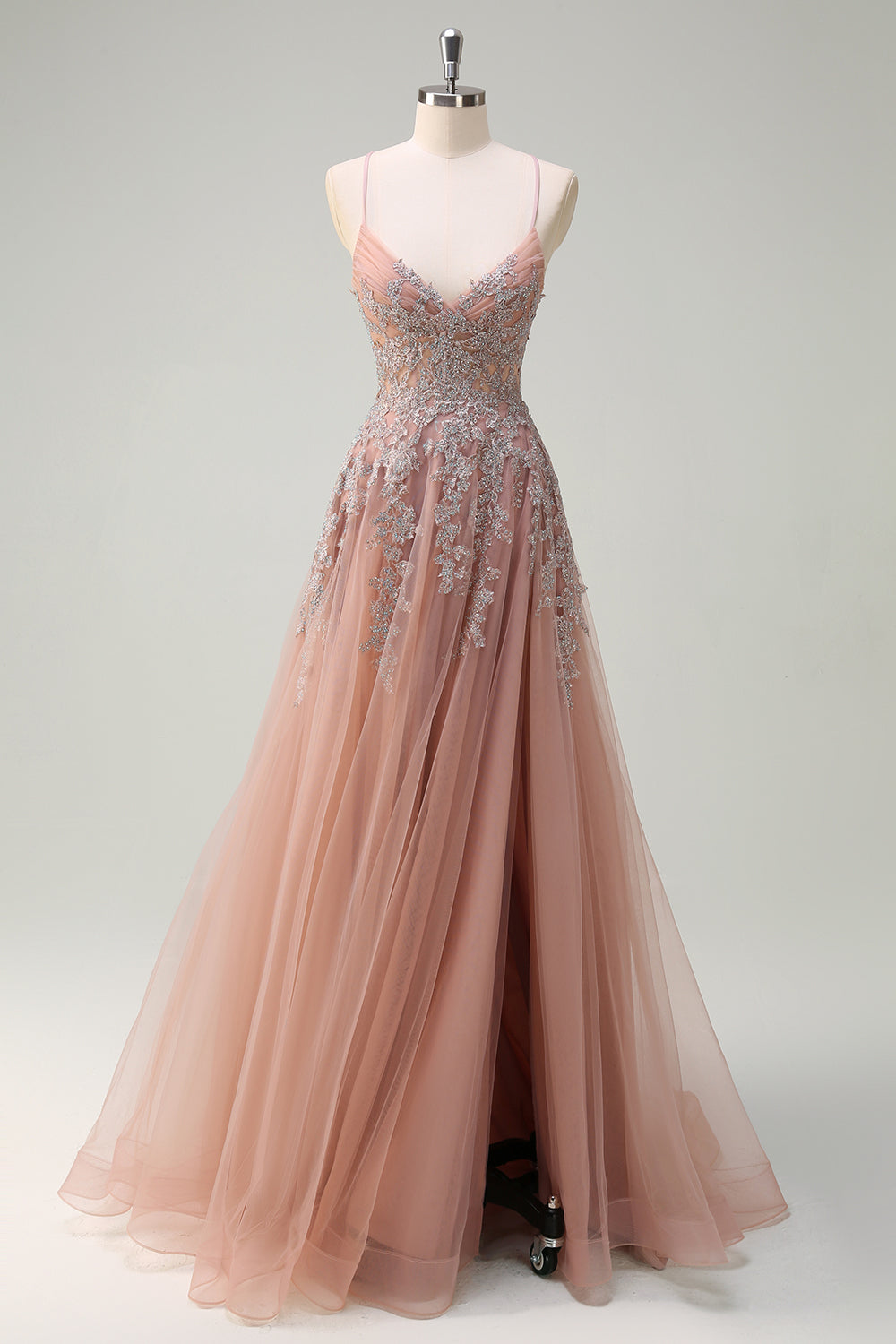 Blush A Line Spaghetti Straps Lace Up Back Appliqued Long Formal Dress with Slit