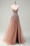 Blush A Line Spaghetti Straps Lace Up Back Appliqued Long Formal Dress with Slit