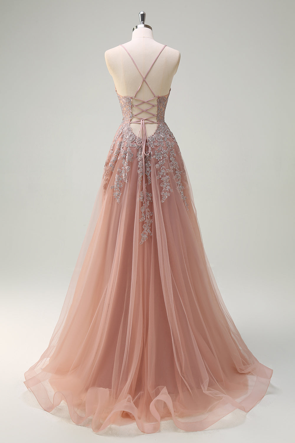 Blush A Line Spaghetti Straps Lace Up Back Appliqued Long Formal Dress with Slit