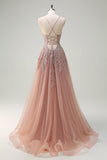 Blush A Line Spaghetti Straps Lace Up Back Appliqued Long Formal Dress with Slit