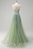 Blush A Line Spaghetti Straps Lace Up Back Appliqued Long Formal Dress with Slit