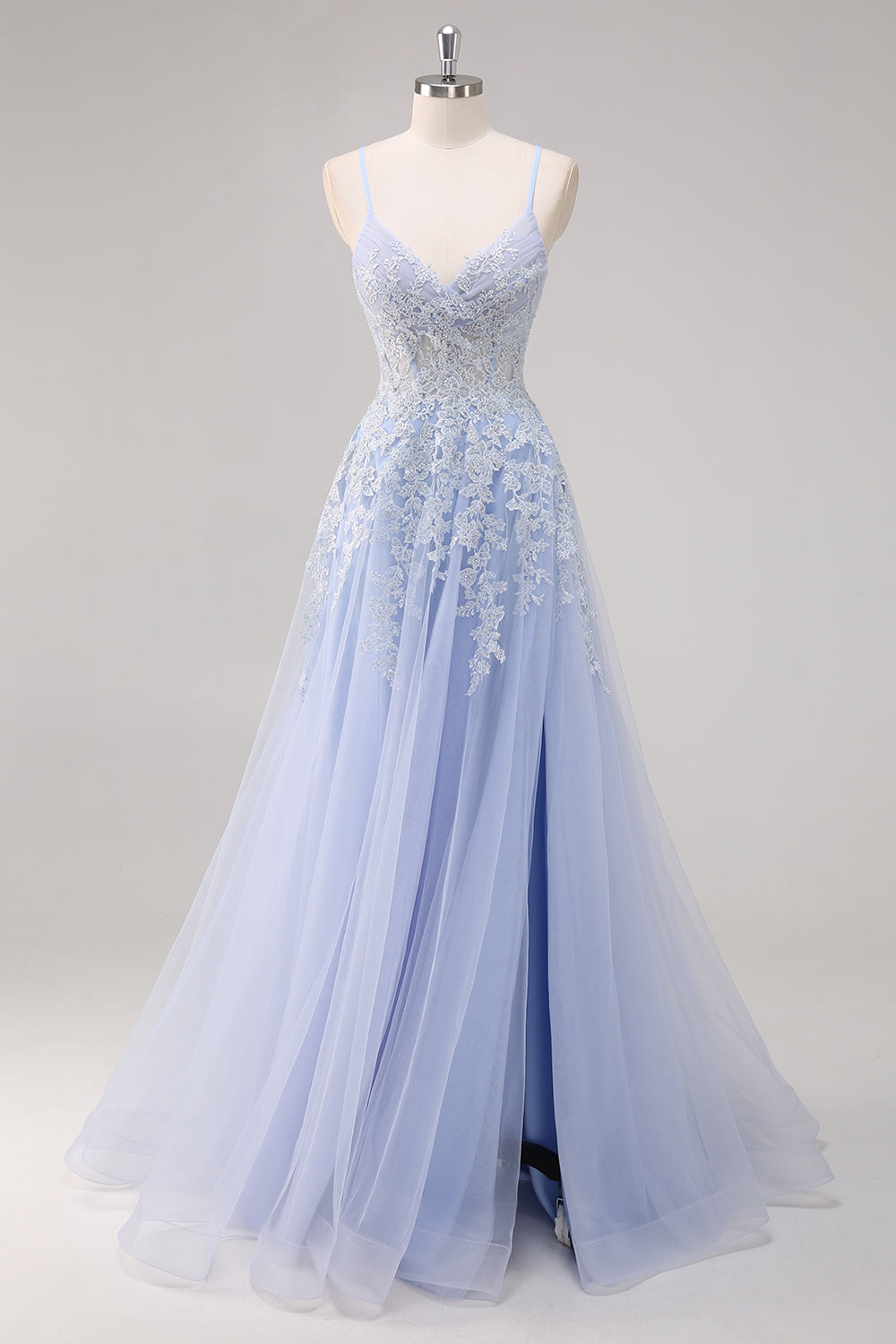 Lavender A Line Spaghetti Straps Tulle Beaded Long Formal Dress with Slit