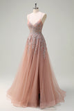 Blush A Line Spaghetti Straps Lace Up Back Appliqued Long Formal Dress with Slit