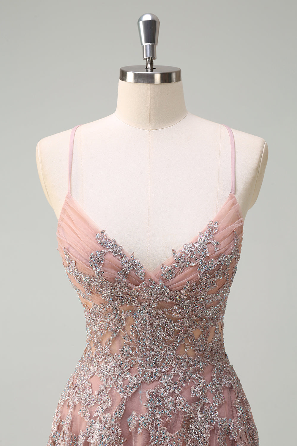 Blush A Line Spaghetti Straps Lace Up Back Appliqued Long Formal Dress with Slit