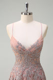 Blush A Line Spaghetti Straps Lace Up Back Appliqued Long Formal Dress with Slit