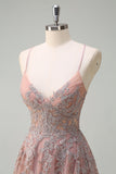 Blush A Line Spaghetti Straps Lace Up Back Appliqued Long Formal Dress with Slit