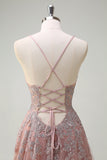 Blush A Line Spaghetti Straps Lace Up Back Appliqued Long Formal Dress with Slit