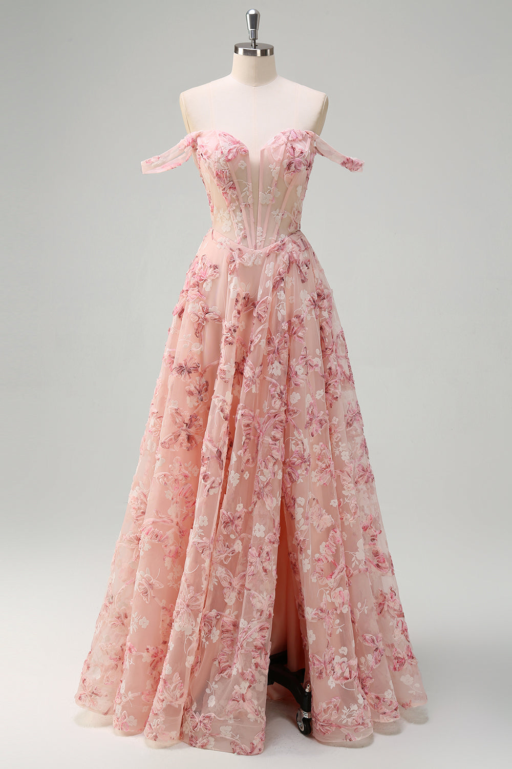 Pink Off The Shoulder A-Line Corset 3D Butterflies Floral Formal Dress with Slit