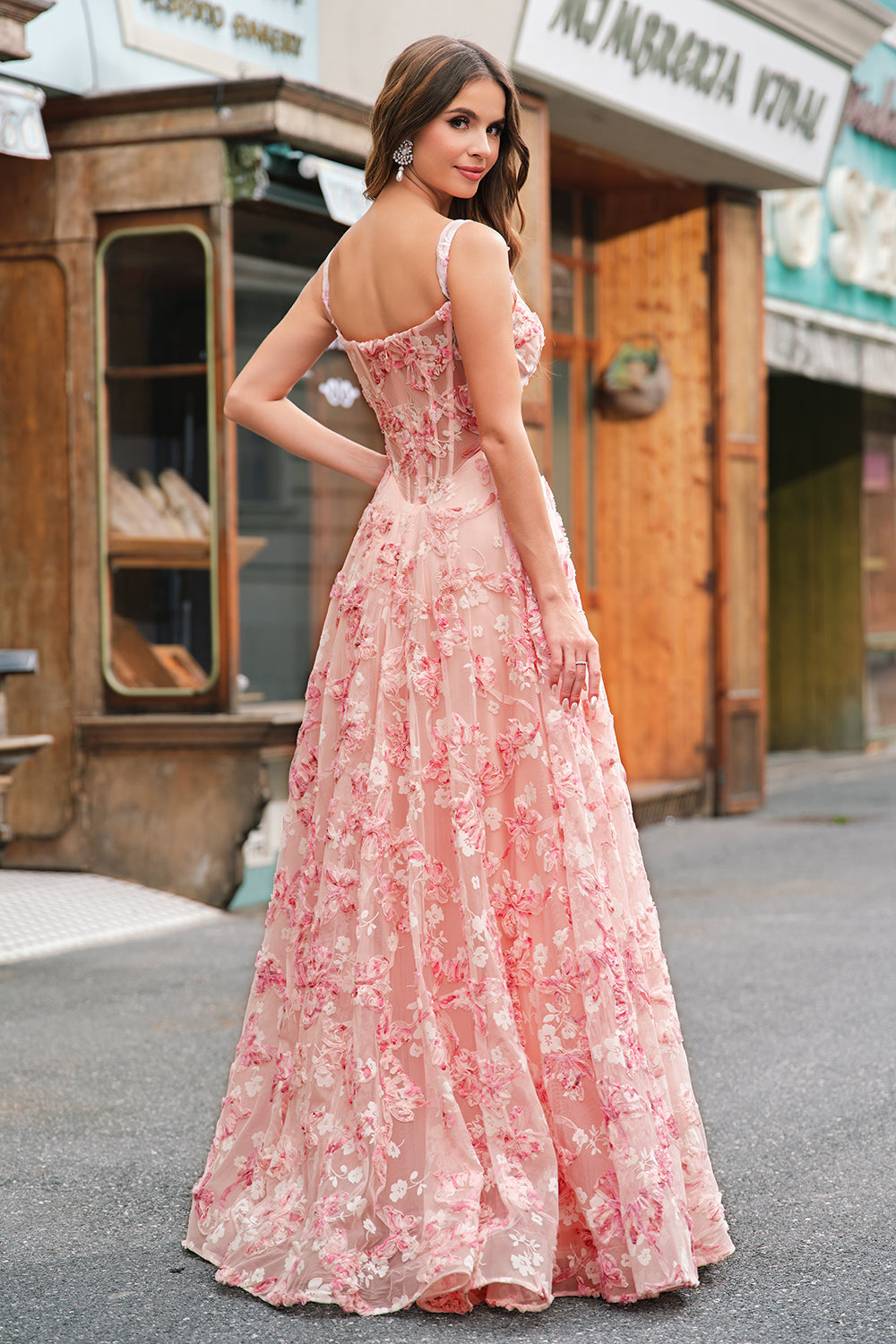 Pink Off The Shoulder A-Line Corset 3D Butterflies Floral Formal Dress with Slit