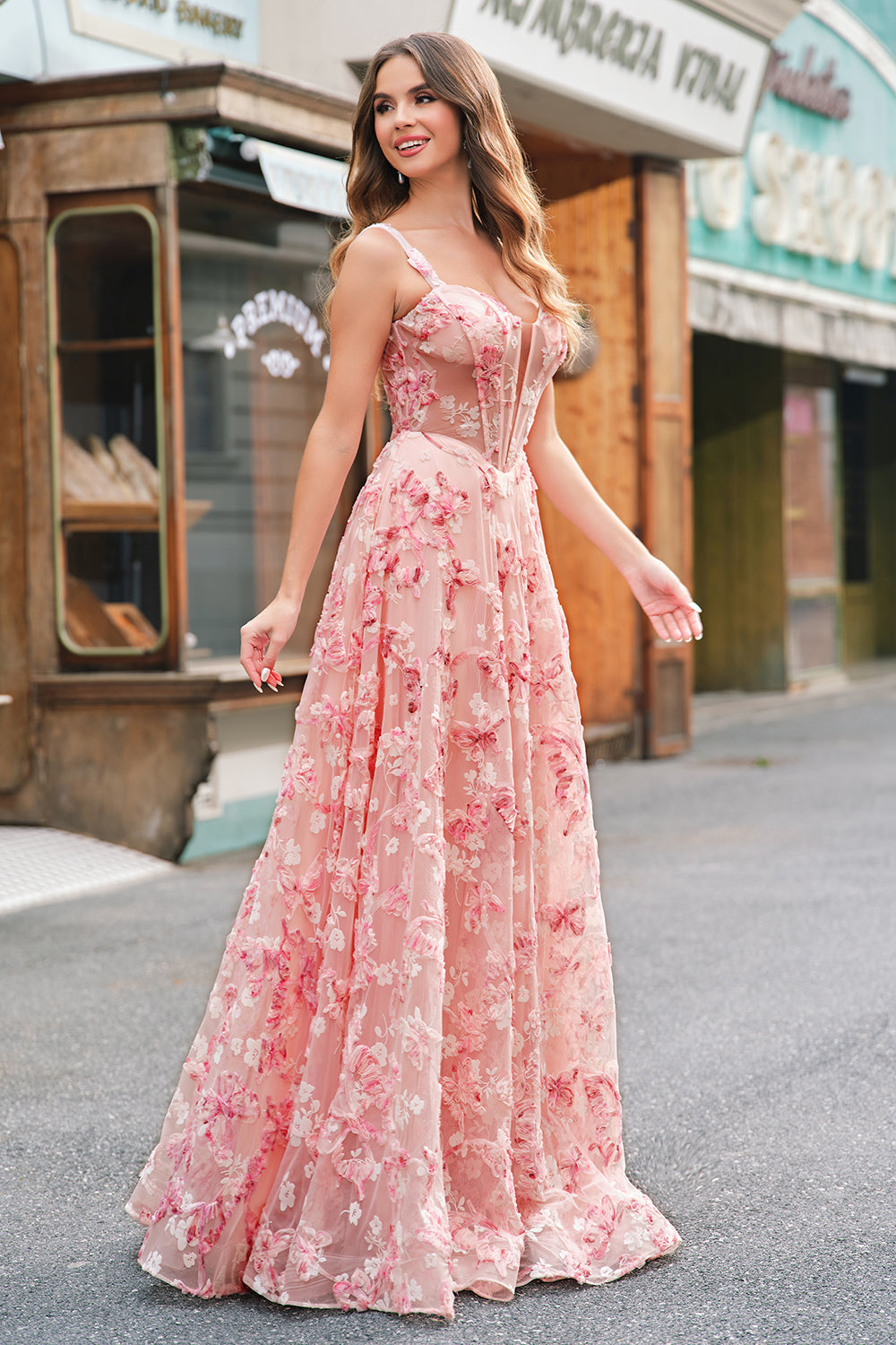 Pink Off The Shoulder A-Line Corset 3D Butterflies Floral Formal Dress with Slit