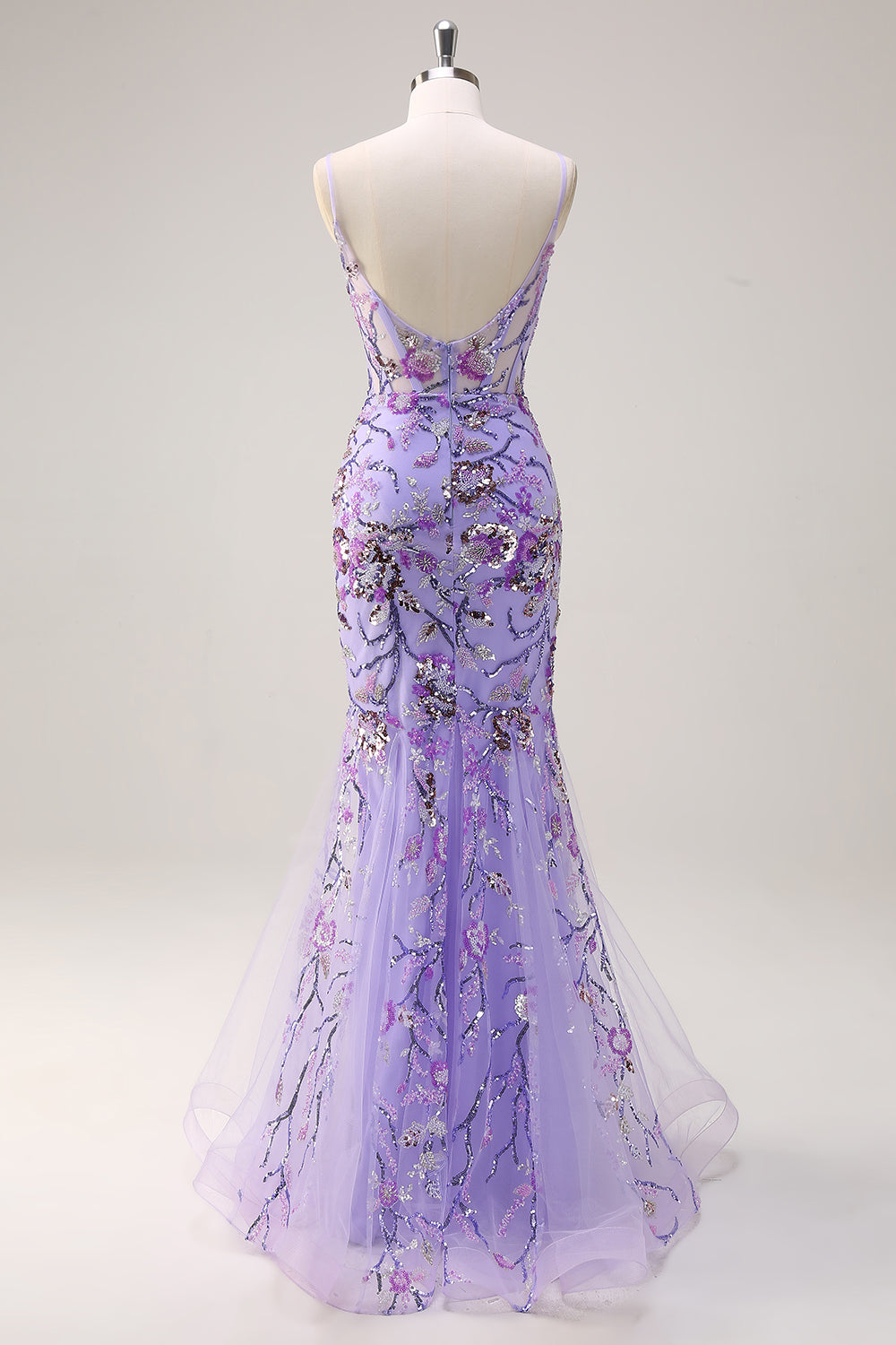 Sparkly Purple Mermaid Spaghetti Straps Corset Long Sequin Formal Dress