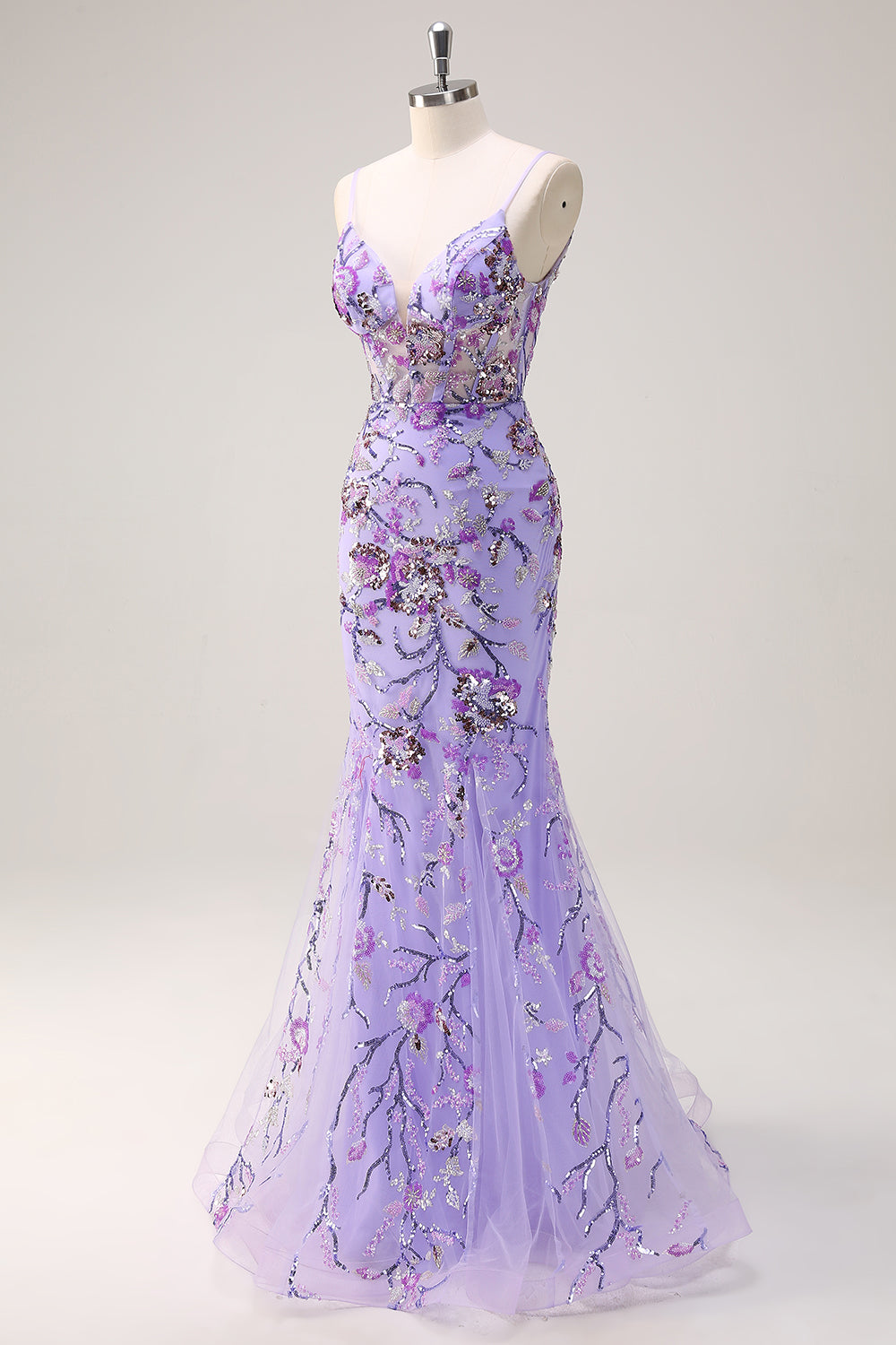 Sparkly Purple Mermaid Spaghetti Straps Corset Long Sequin Formal Dress
