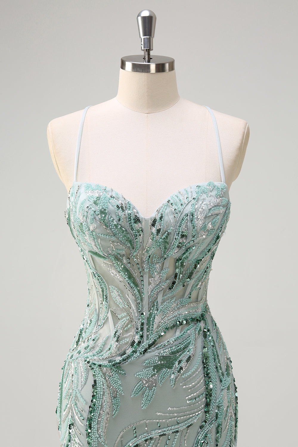 Sparkly Sage Spaghetti Straps Mermaid Long Sequin Formal Dress with Slit