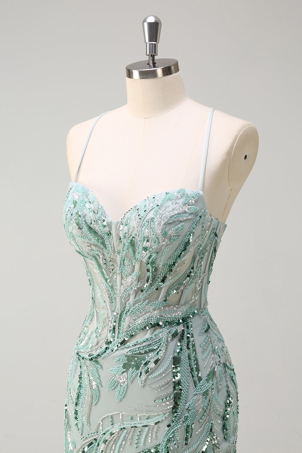 Sparkly Sage Spaghetti Straps Mermaid Long Sequin Formal Dress with Slit