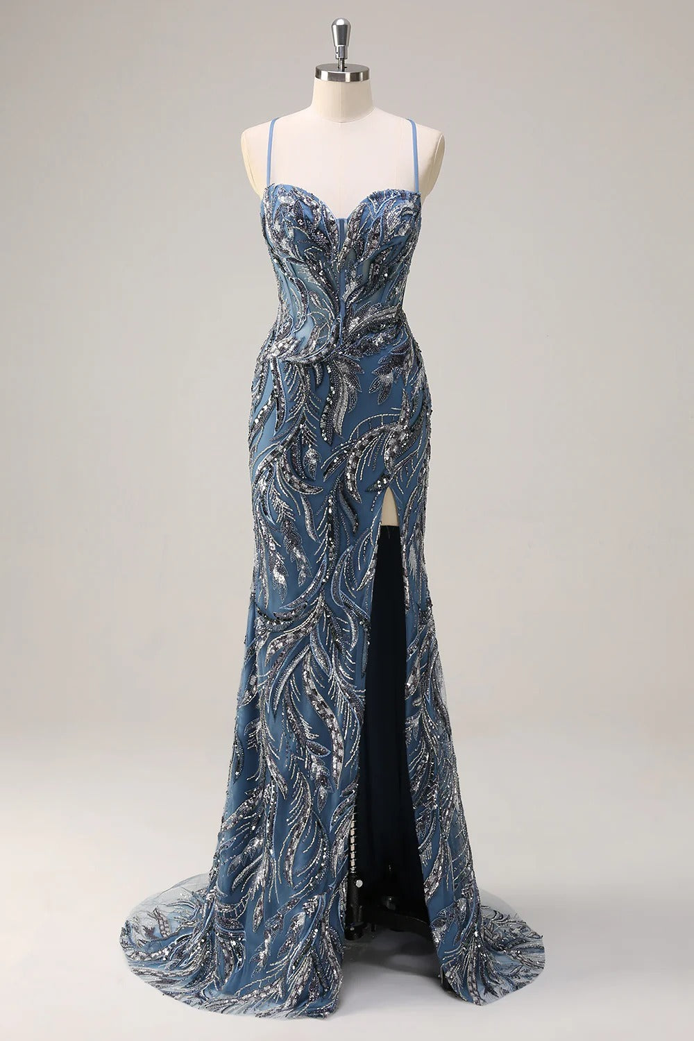 Sparkly Sage Spaghetti Straps Mermaid Long Sequin Formal Dress with Slit
