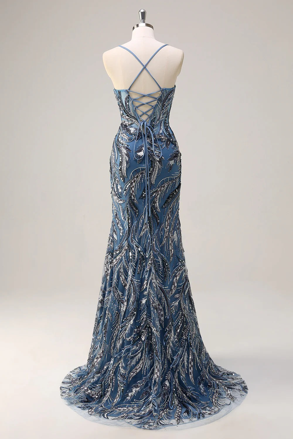 Sparkly Sage Spaghetti Straps Mermaid Long Sequin Formal Dress with Slit