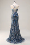 Sparkly Sage Spaghetti Straps Mermaid Long Sequin Formal Dress with Slit