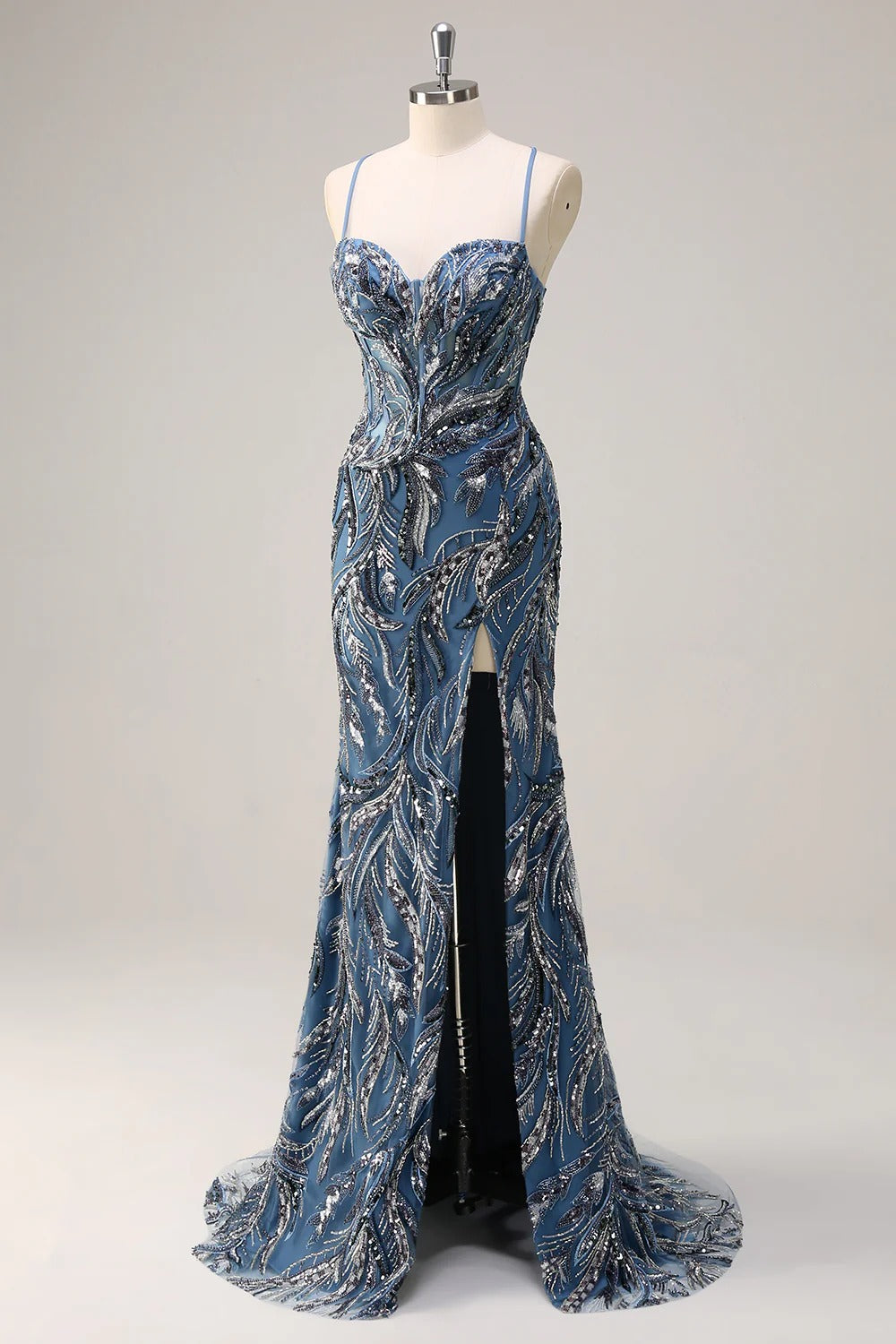 Sparkly Sage Spaghetti Straps Mermaid Long Sequin Formal Dress with Slit