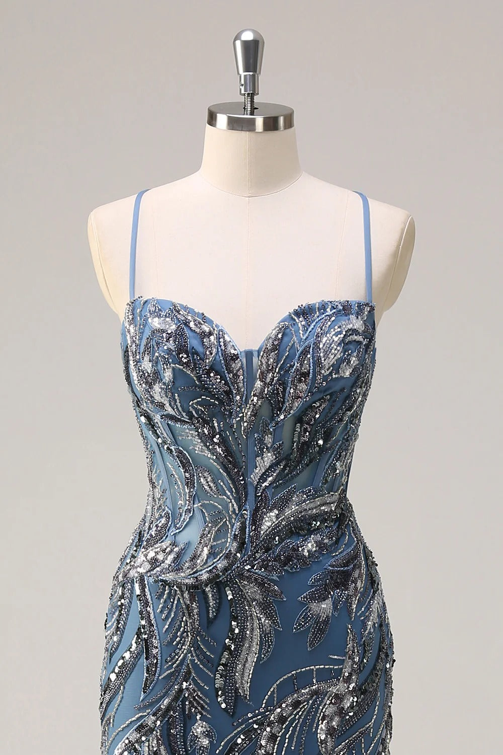 Sparkly Sage Spaghetti Straps Mermaid Long Sequin Formal Dress with Slit